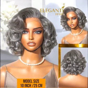 Perruque grise en dentelle HD naturelle sans colle cheveux ondulé loose wave sel et poivre