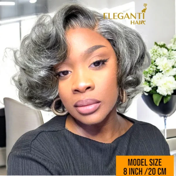 Perruque grise en dentelle HD naturelle sans colle cheveux ondulé loose wave sel et poivre - immagine 4